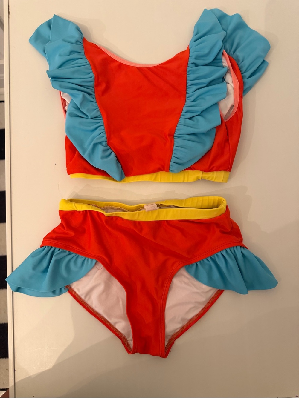 Colorblock Ruffle Two-Piece Swimsuit in Red, Yellow & Light Blue